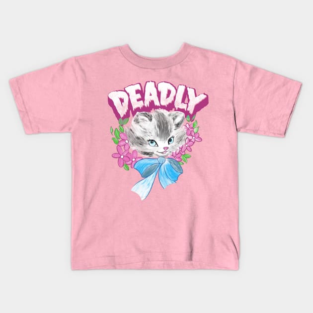 Cute but Deadly creepy goth kitten illustration Kids T-Shirt by goodwordsco